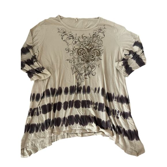 Reba Tan Brown Tie Dye Graphic Long Sleeve Sharkbite Blouse Women's Size 3X - Picture 1 of 6